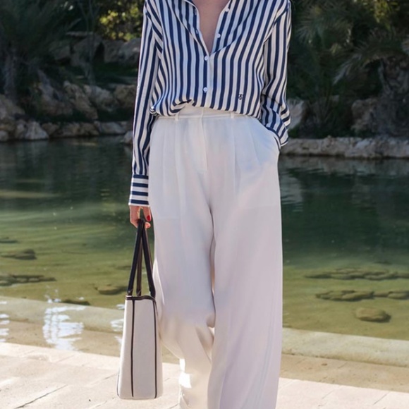 LILY SILK TIMELESS PLEATED WIDE-LEG DENSE SILK TROUSERS NEW W TAG - SIZE 2 WHITE - Picture 1 of 9